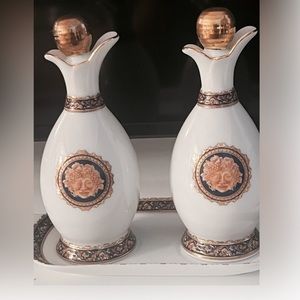 Vintage T.Limoges oil Cruet Dispenser Tray Set Bacchus made in France